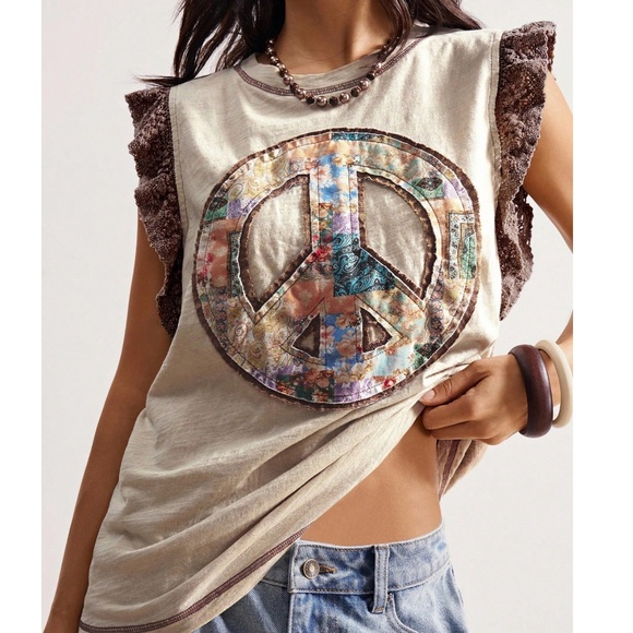 Boho Color block Floral print Peace Patchwork Tank Top - Picture 1 of 6